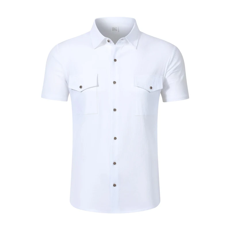 Men's Linen Button Up Short Sleeve Shirt Lapel Collar Lightweight Breathable Double Chest Pocket Summer Beach Daily Casual Tops