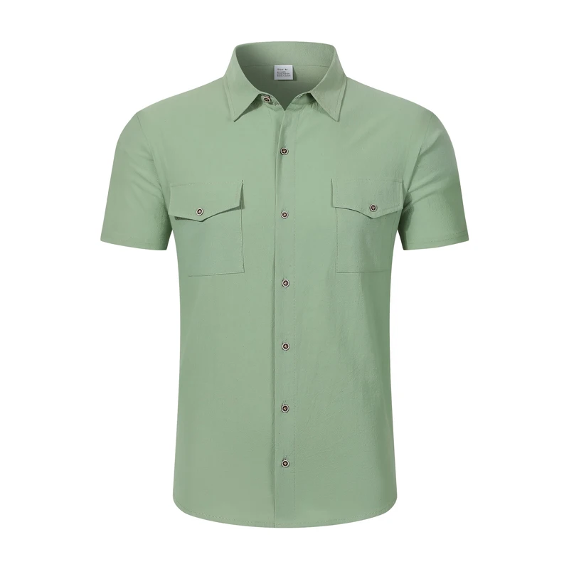 Men's Linen Button Up Short Sleeve Shirt Lapel Collar Lightweight Breathable Double Chest Pocket Summer Beach Daily Casual Tops