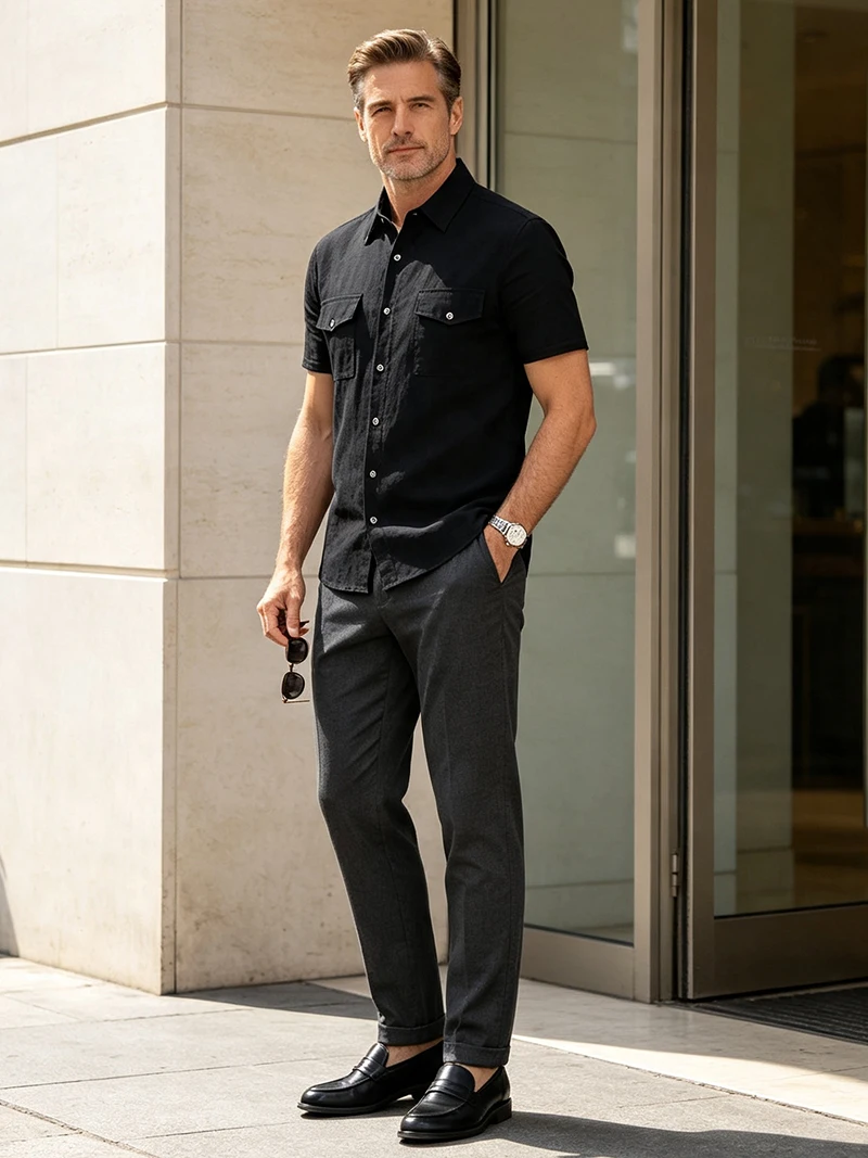 Men's Linen Button Up Short Sleeve Shirt Lapel Collar Lightweight Breathable Double Chest Pocket Summer Beach Daily Casual Tops