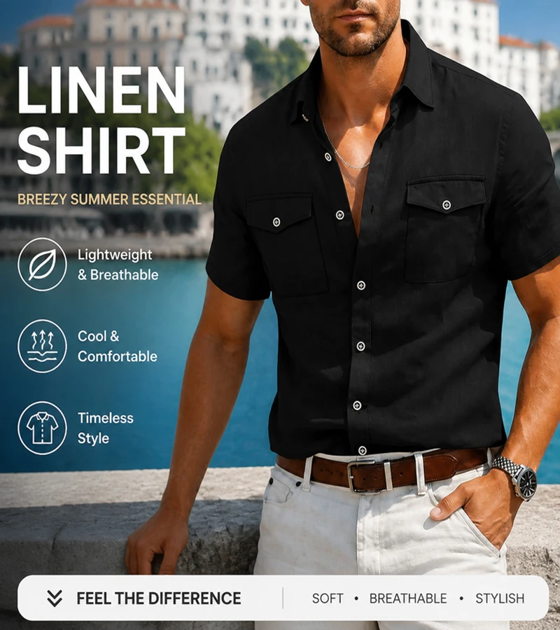 Men's Linen Button Up Short Sleeve Shirt Lapel Collar Lightweight Breathable Double Chest Pocket Summer Beach Daily Casual Tops