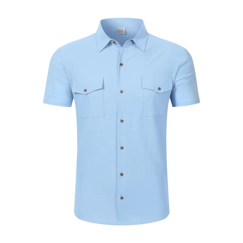 Men's Linen Button Up Short Sleeve Shirt Lapel Collar Lightweight Breathable Double Chest Pocket Summer Beach Daily Casual Tops