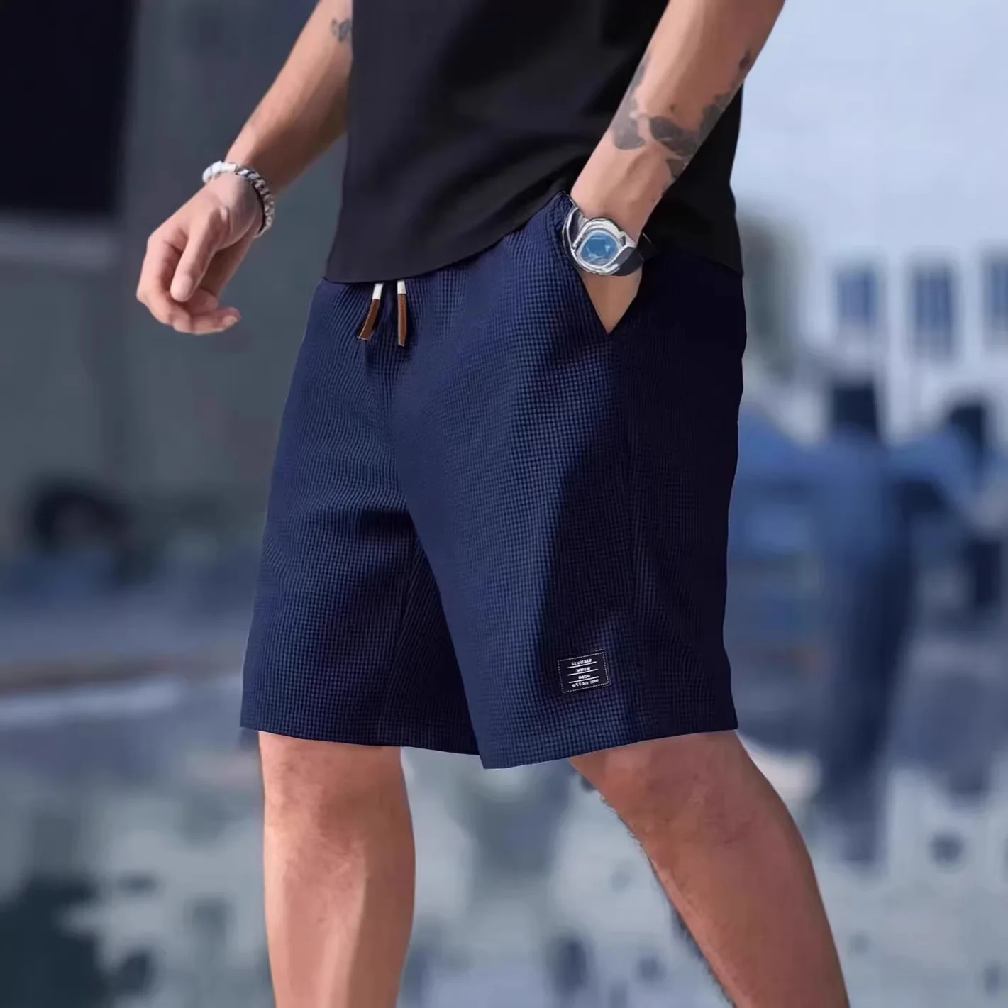 2026 Summer Men's Waffle Texture Casual Sports Beach Shorts Quick Dry Trendy Breathable Bermuda Shorts Streetwear 