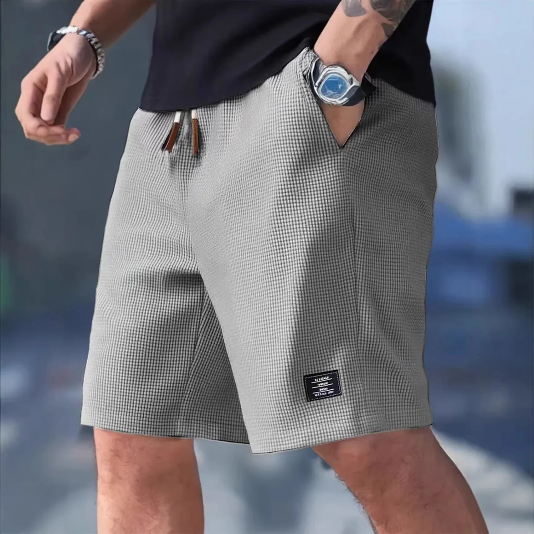2026 Summer Men's Waffle Texture Casual Sports Beach Shorts Quick Dry Trendy Breathable Bermuda Shorts Streetwear 