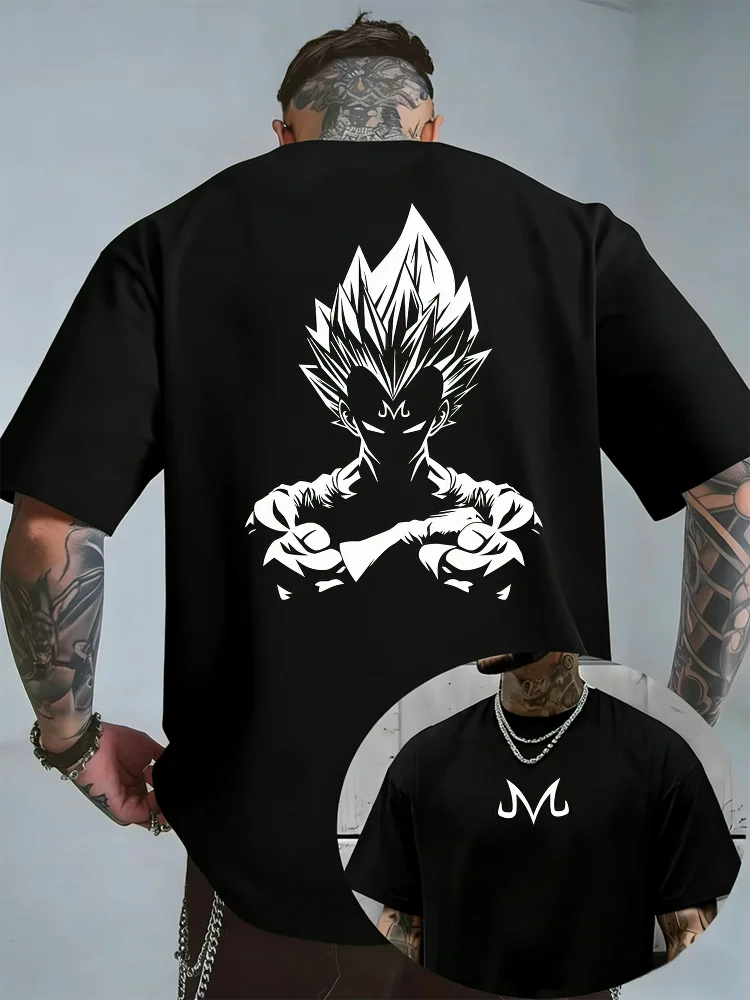 Bandai Dragon Ball Z Majin Vegeta Minimalist Print Men's Summer Pure Cotton T-Shirt — Casual Short-Sleeve Anime Streetwear Top