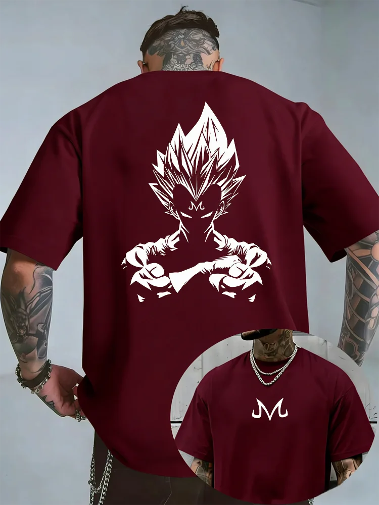 Bandai Dragon Ball Z Majin Vegeta Minimalist Print Men's Summer Pure Cotton T-Shirt — Casual Short-Sleeve Anime Streetwear Top