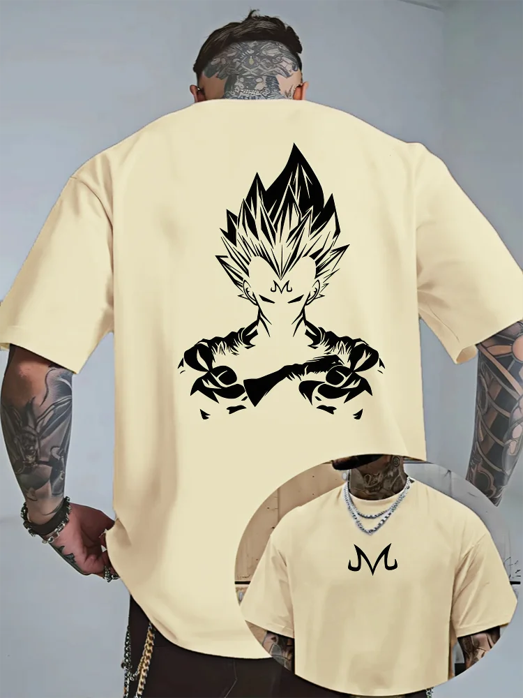 Bandai Dragon Ball Z Majin Vegeta Minimalist Print Men's Summer Pure Cotton T-Shirt — Casual Short-Sleeve Anime Streetwear Top