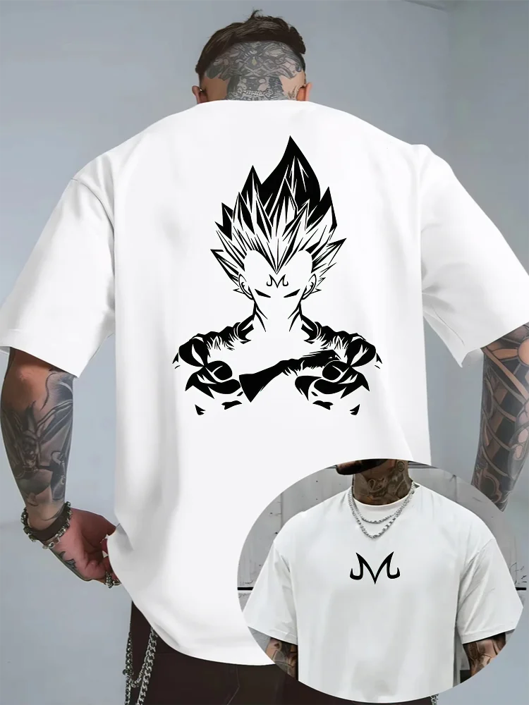 Bandai Dragon Ball Z Majin Vegeta Minimalist Print Men's Summer Pure Cotton T-Shirt — Casual Short-Sleeve Anime Streetwear Top