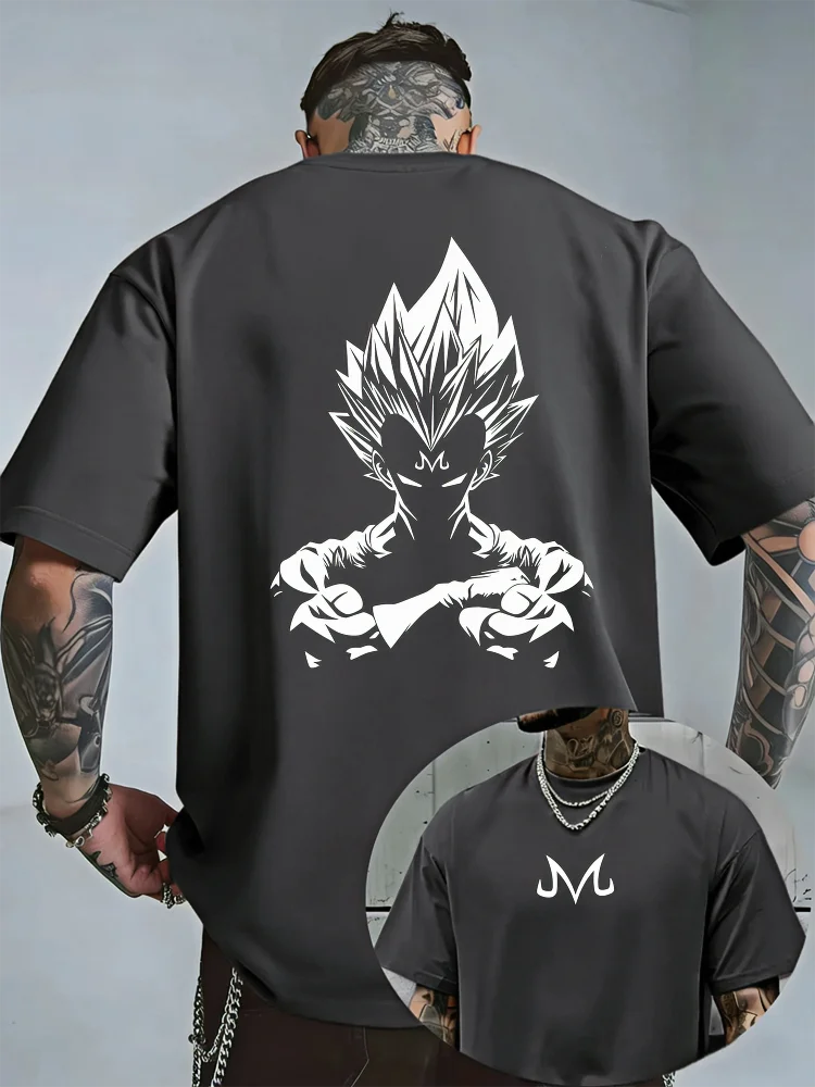 Bandai Dragon Ball Z Majin Vegeta Minimalist Print Men's Summer Pure Cotton T-Shirt — Casual Short-Sleeve Anime Streetwear Top