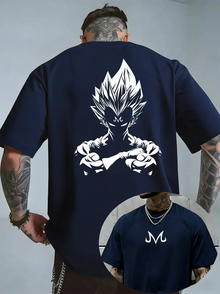 Bandai Dragon Ball Z Majin Vegeta Minimalist Print Men's Summer Pure Cotton T-Shirt — Casual Short-Sleeve Anime Streetwear Top
