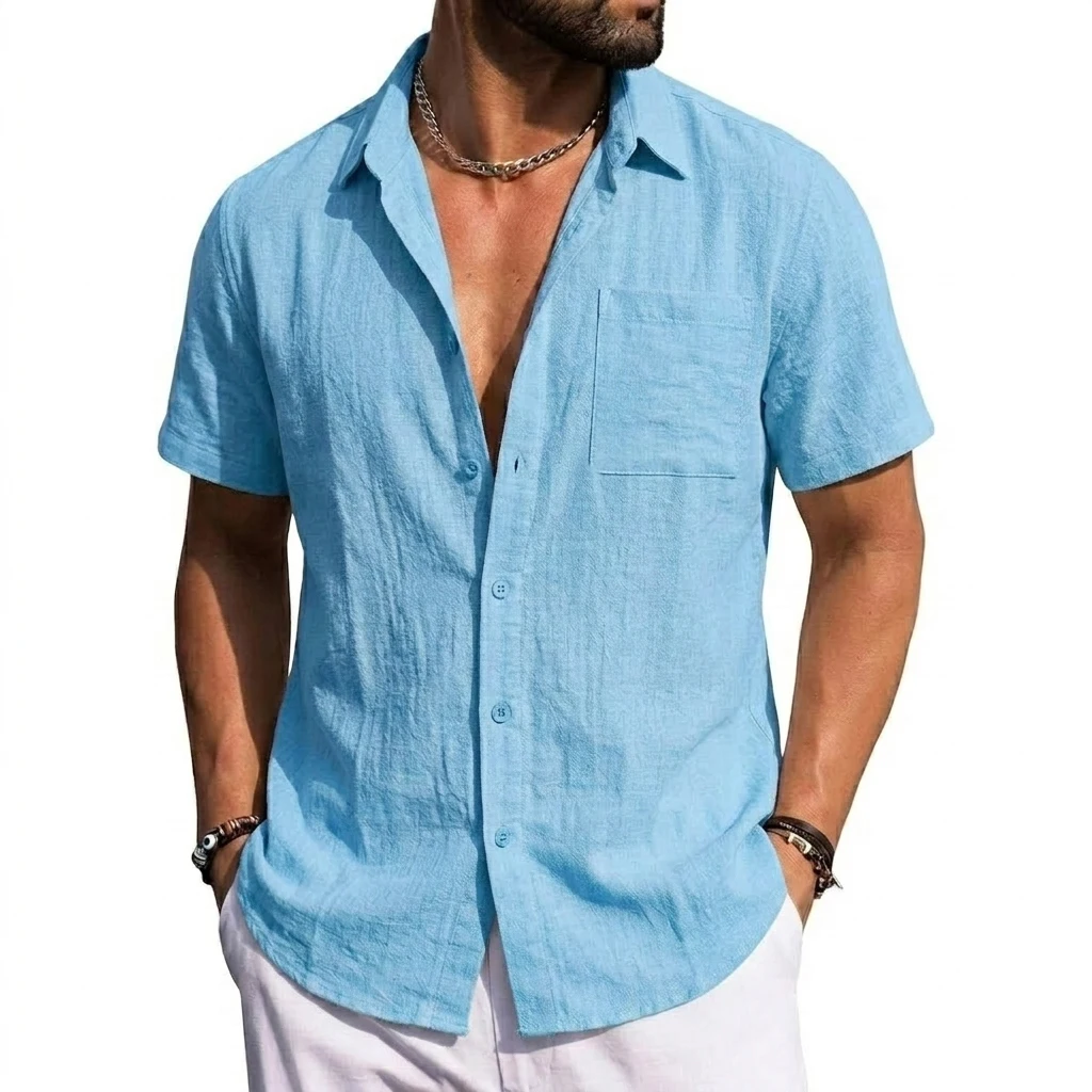 Men's Linen Shirts Short Sleeve Casual Shirts Button Down Shirt for Men Summer Beach Wedding Shirt Solid Color Hawaiian Shirt