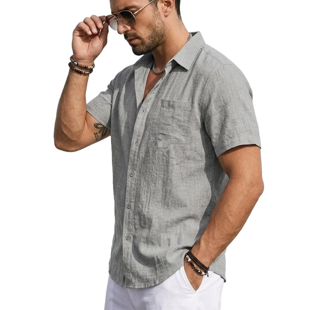 Men's Linen Shirts Short Sleeve Casual Shirts Button Down Shirt for Men Summer Beach Wedding Shirt Solid Color Hawaiian Shirt