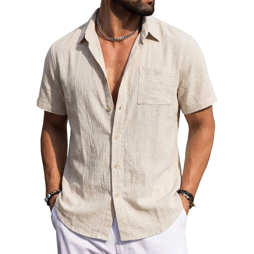 Men's Linen Shirts Short Sleeve Casual Shirts Button Down Shirt for Men Summer Beach Wedding Shirt Solid Color Hawaiian Shirt