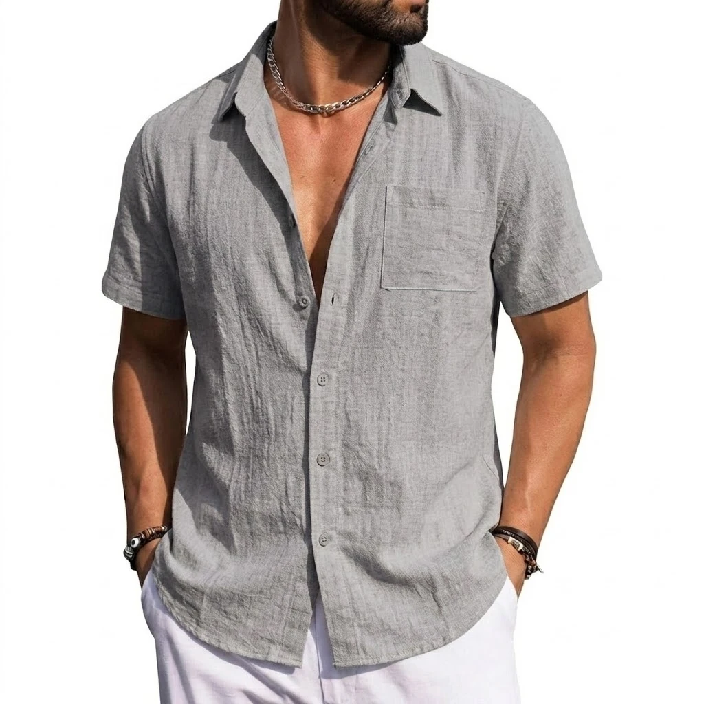 Men's Linen Shirts Short Sleeve Casual Shirts Button Down Shirt for Men Summer Beach Wedding Shirt Solid Color Hawaiian Shirt
