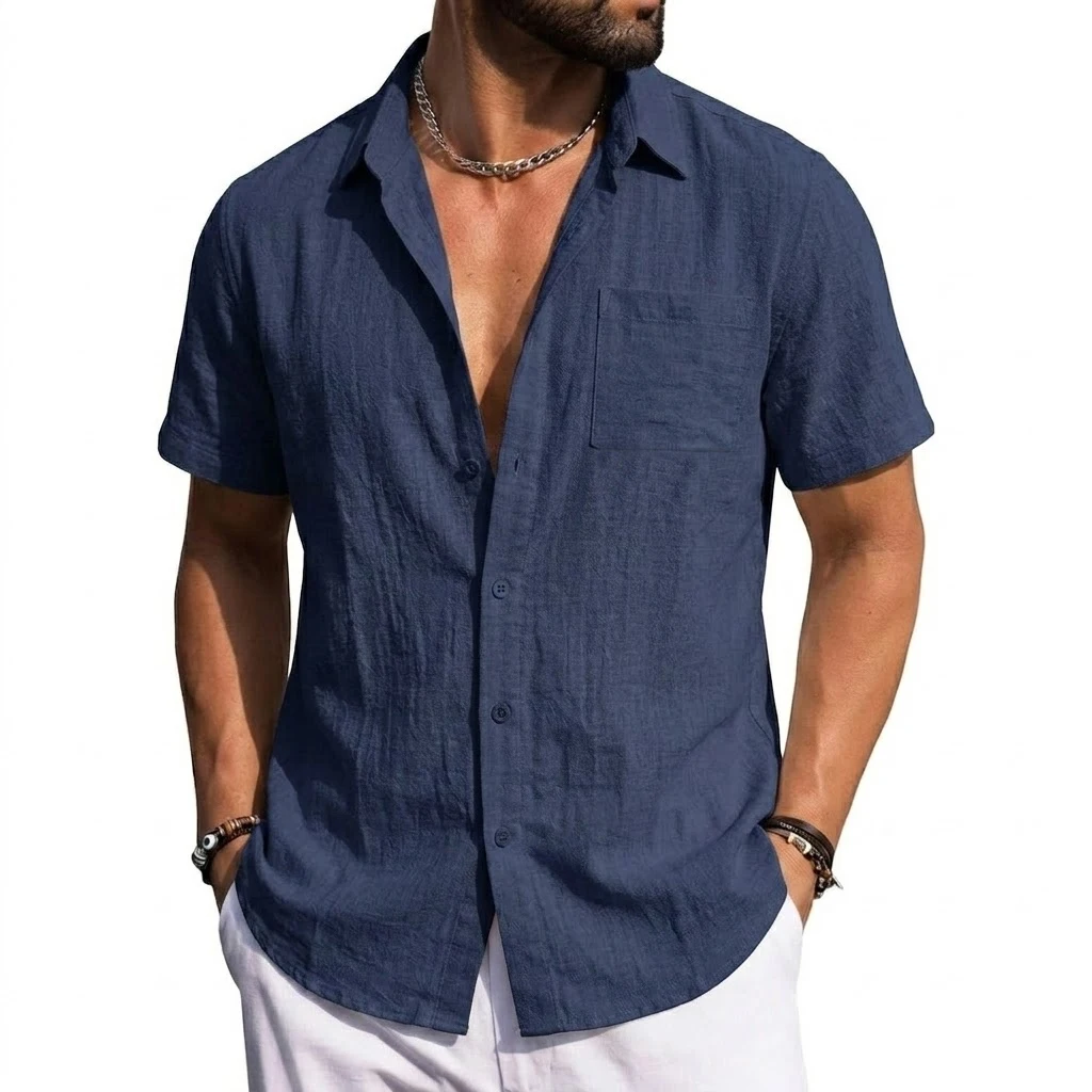 Men's Linen Shirts Short Sleeve Casual Shirts Button Down Shirt for Men Summer Beach Wedding Shirt Solid Color Hawaiian Shirt
