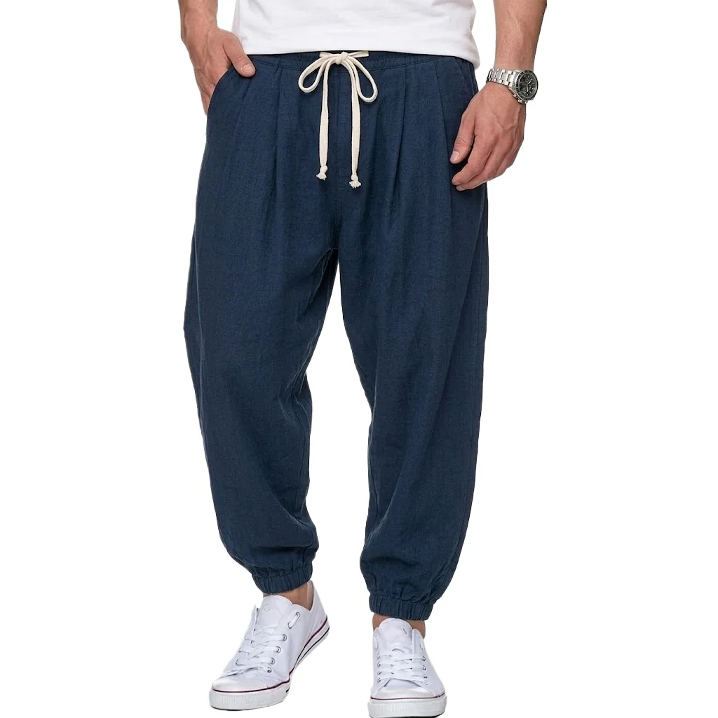 Men's Cotton Linen Pants Korean Gym Trousers Man Casual Baggy Pants Autumn Loose Harem Pants Spring Drawstring Streetwear Man