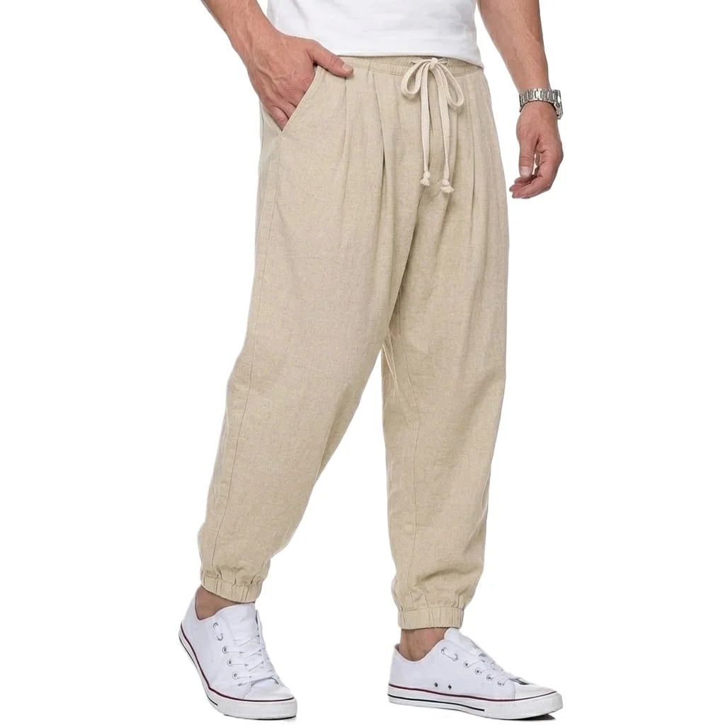Men's Cotton Linen Pants Korean Gym Trousers Man Casual Baggy Pants Autumn Loose Harem Pants Spring Drawstring Streetwear Man