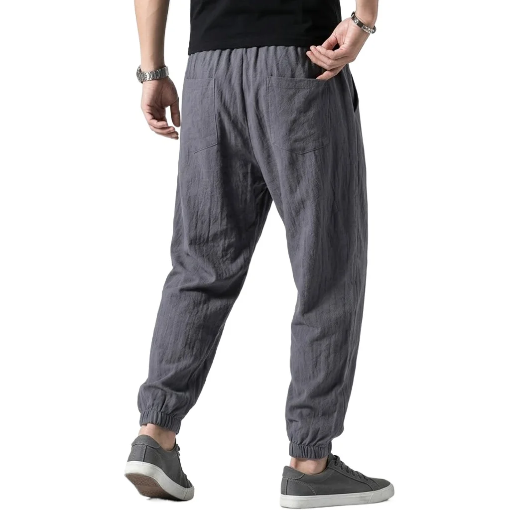 Men's Cotton Linen Pants Korean Gym Trousers Man Casual Baggy Pants Autumn Loose Harem Pants Spring Drawstring Streetwear Man
