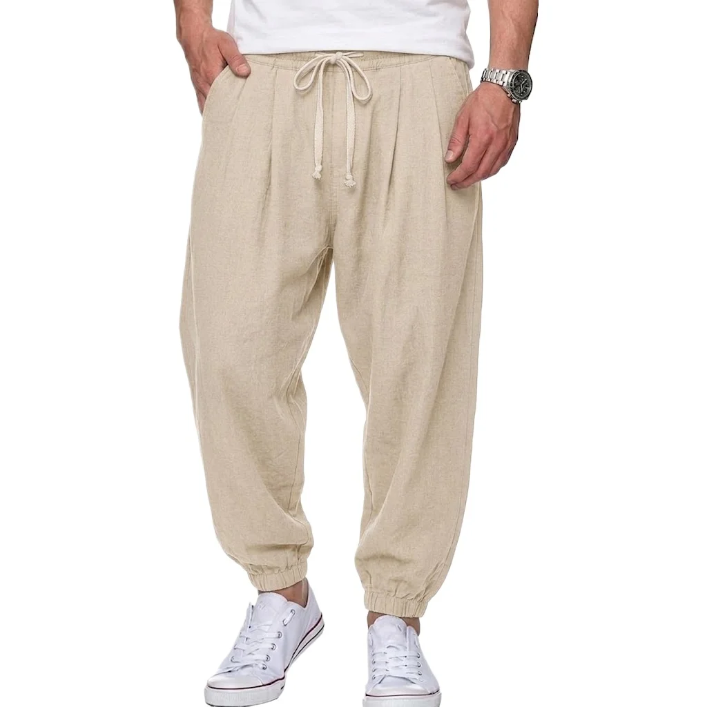 Men's Cotton Linen Pants Korean Gym Trousers Man Casual Baggy Pants Autumn Loose Harem Pants Spring Drawstring Streetwear Man