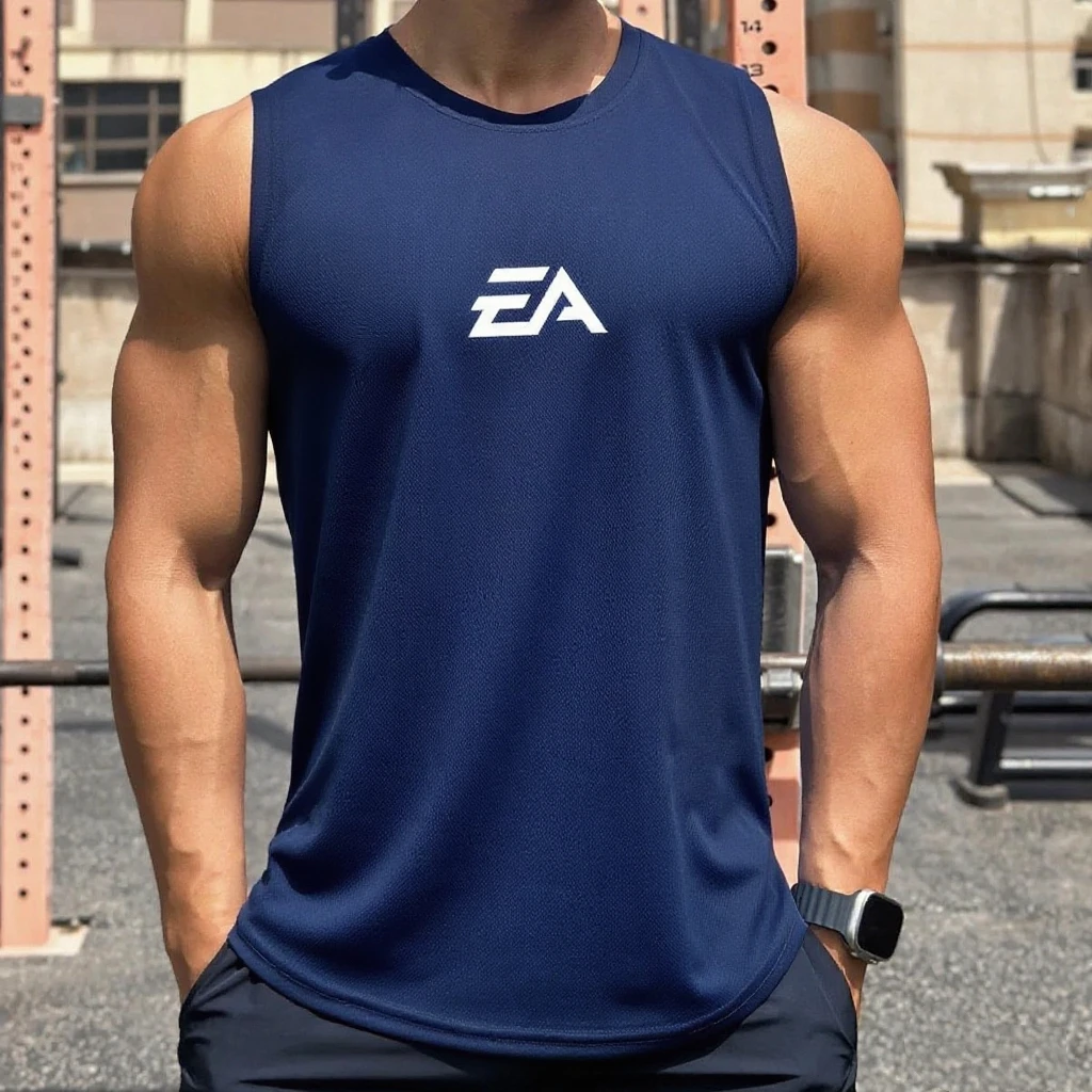 Summer New Trend Men's Pullover Round Neck Mesh Bottom Shirt Sports Fitness Swimming Running Shirt Sleeveless Vest Quick Dry