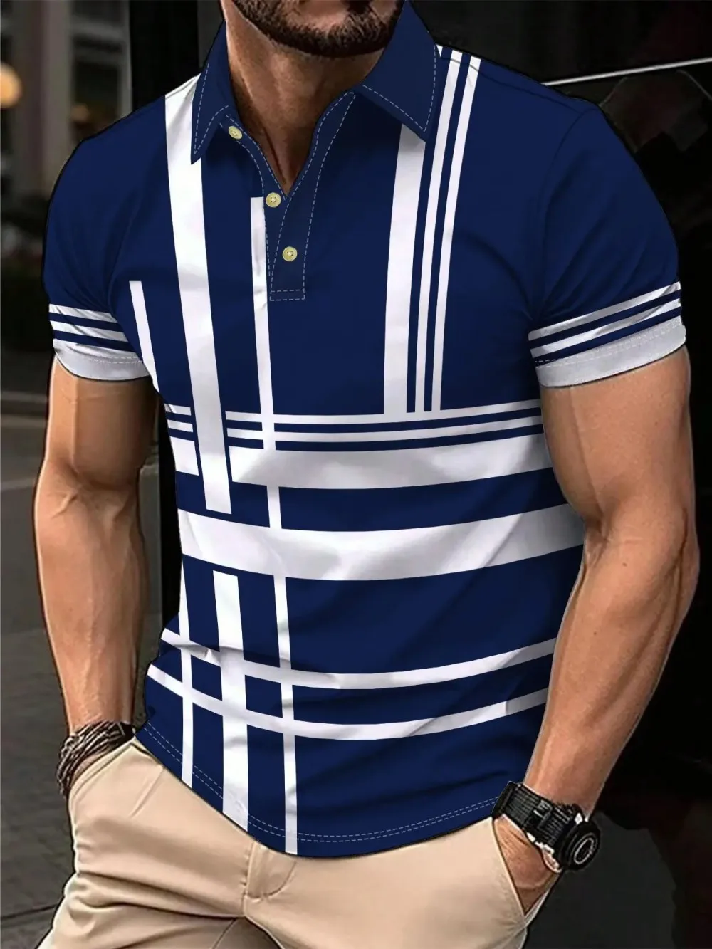 American Men's Summer Camouflage Wolf Moon Print Comfortable and Breathable Polo Short Sleeved T-Shirt Outdoor Casual Top