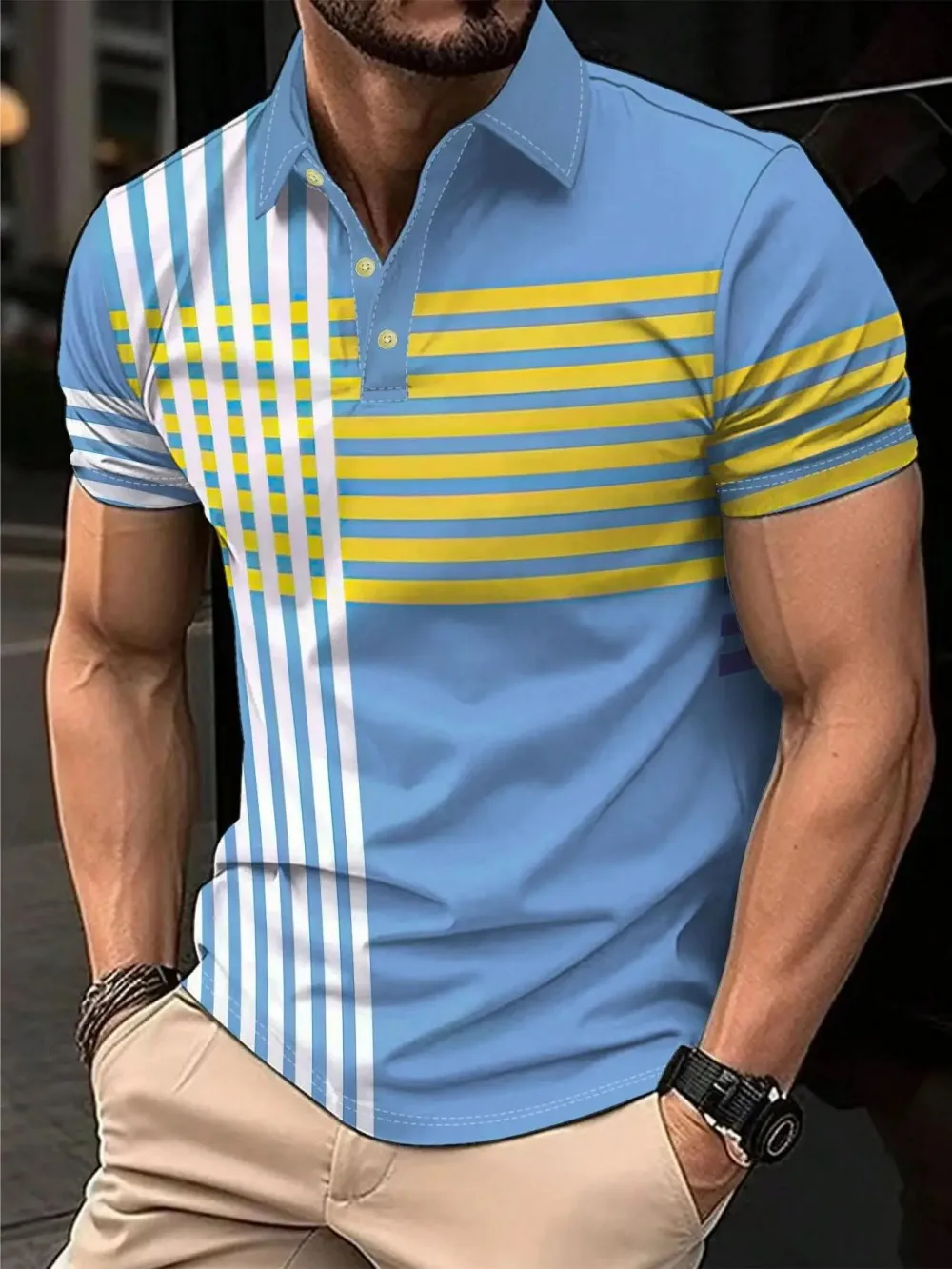 American Men's Summer Camouflage Wolf Moon Print Comfortable and Breathable Polo Short Sleeved T-Shirt Outdoor Casual Top