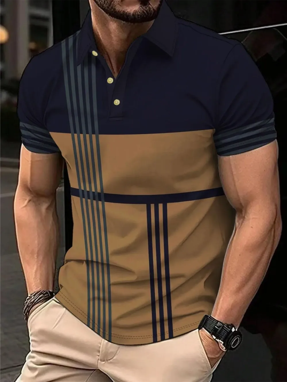 American Men's Summer Camouflage Wolf Moon Print Comfortable and Breathable Polo Short Sleeved T-Shirt Outdoor Casual Top