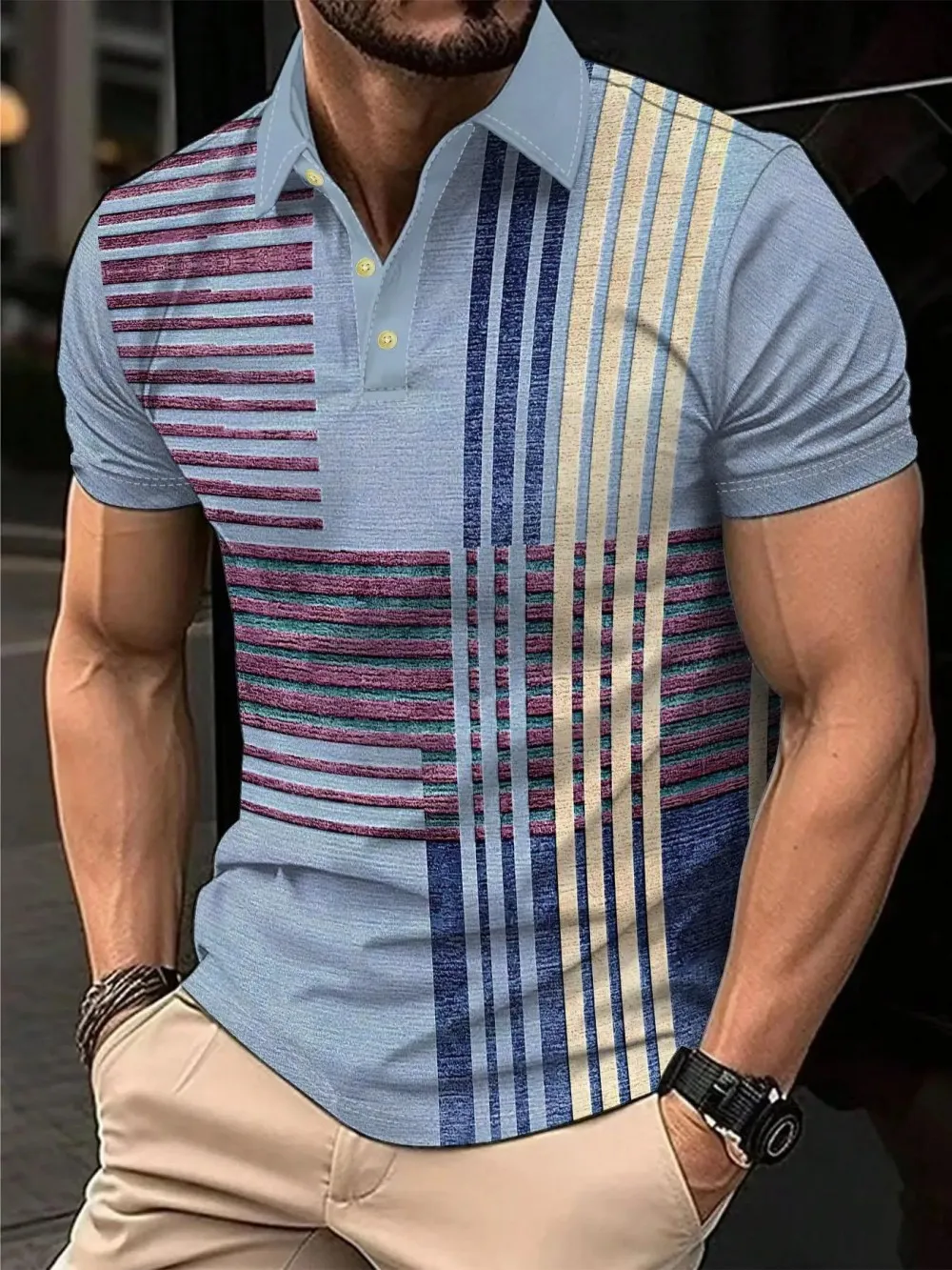 American Men's Summer Camouflage Wolf Moon Print Comfortable and Breathable Polo Short Sleeved T-Shirt Outdoor Casual Top