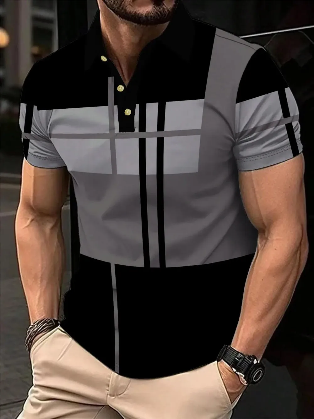 American Men's Summer Camouflage Wolf Moon Print Comfortable and Breathable Polo Short Sleeved T-Shirt Outdoor Casual Top
