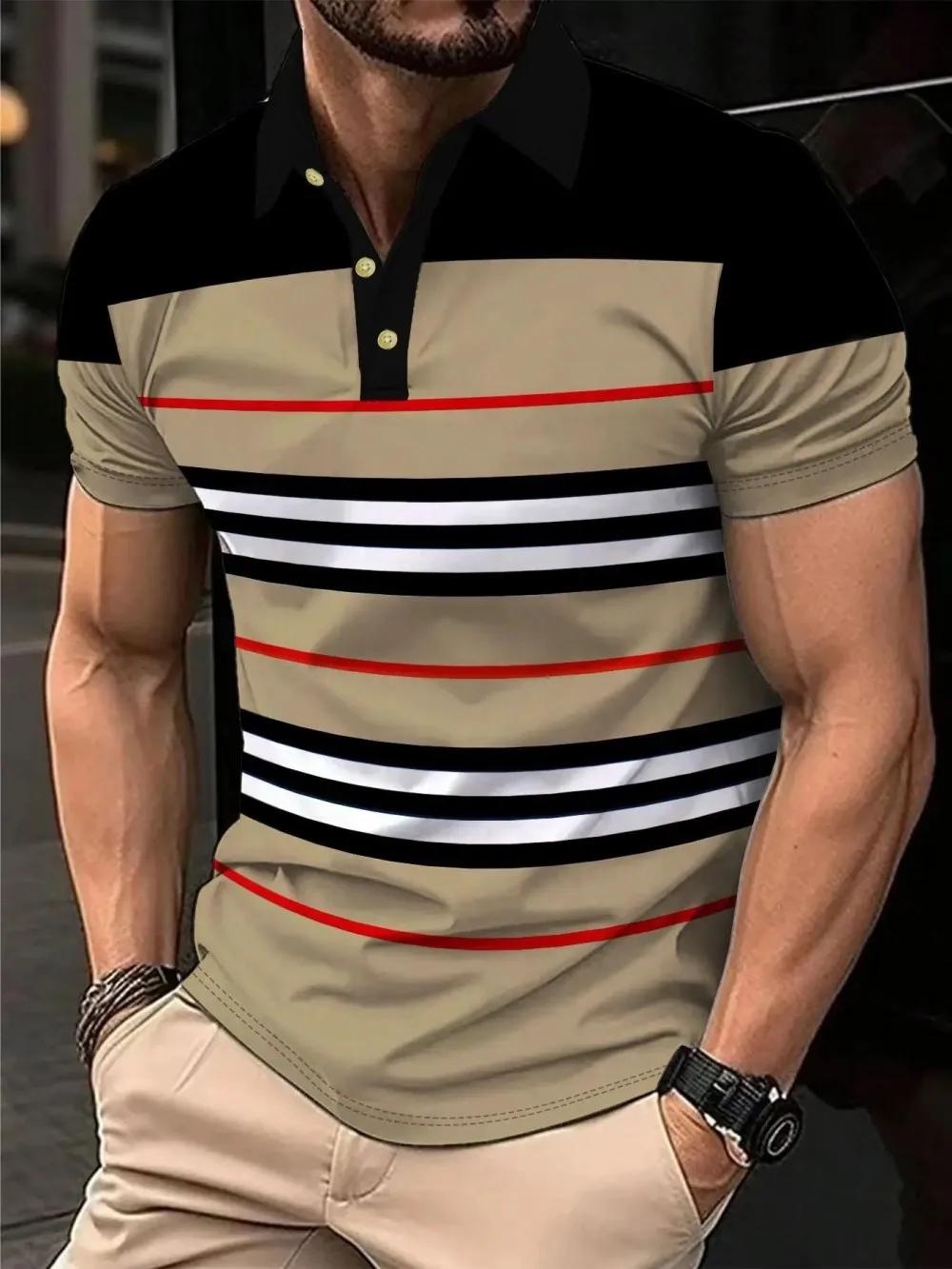 American Men's Summer Camouflage Wolf Moon Print Comfortable and Breathable Polo Short Sleeved T-Shirt Outdoor Casual Top