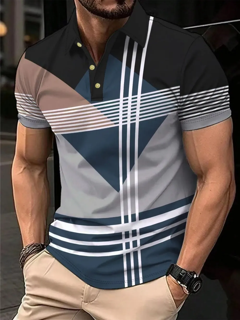 American Men's Summer Camouflage Wolf Moon Print Comfortable and Breathable Polo Short Sleeved T-Shirt Outdoor Casual Top
