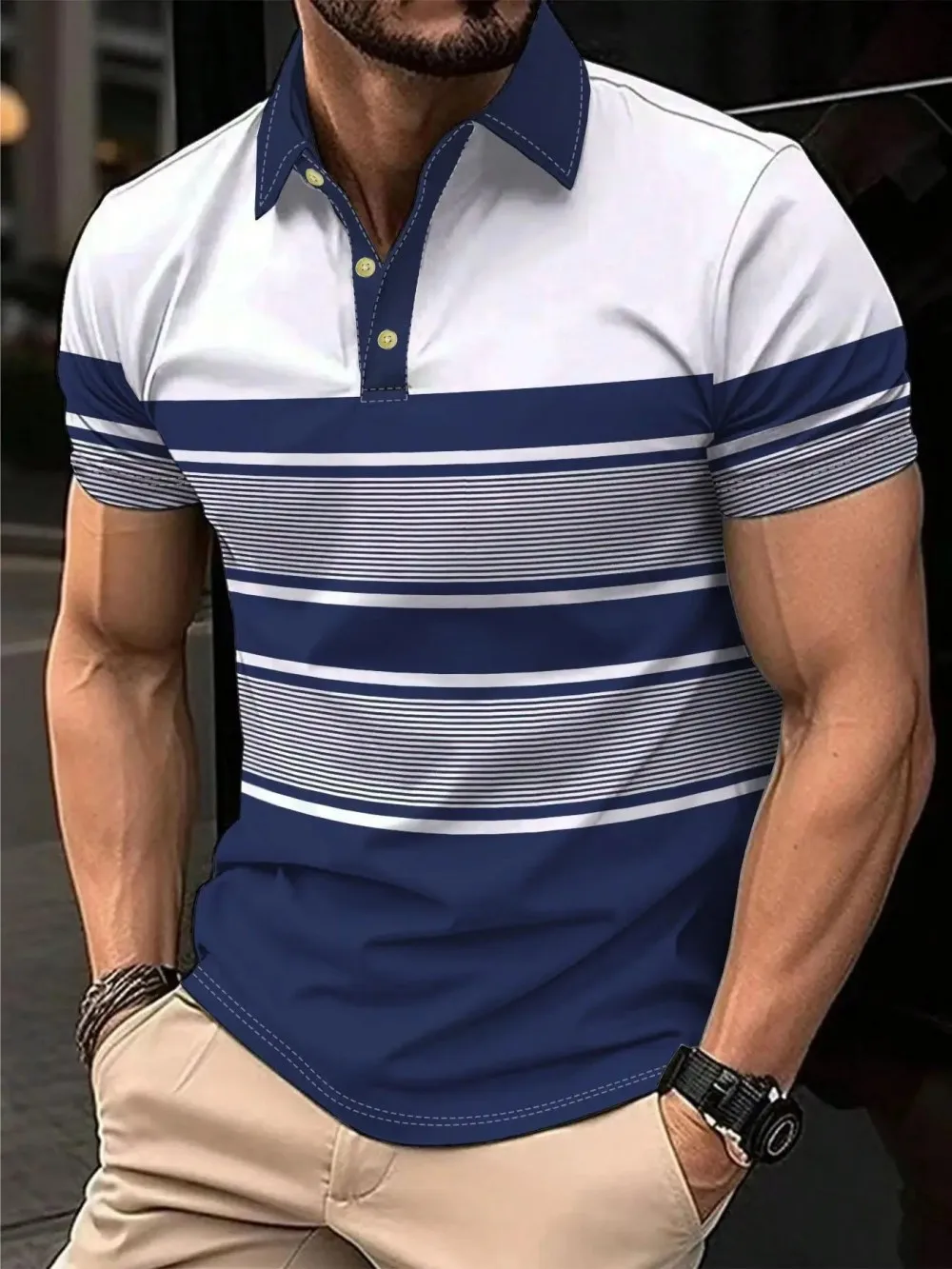 American Men's Summer Camouflage Wolf Moon Print Comfortable and Breathable Polo Short Sleeved T-Shirt Outdoor Casual Top