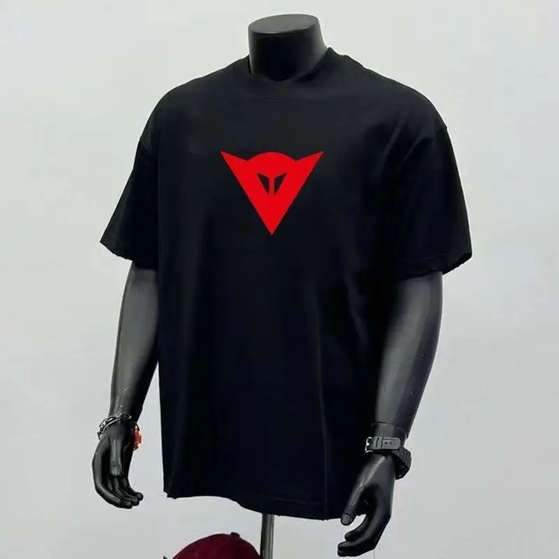 Men's Black Oversized T-Shirt Red Triangle Logo Print Casual Streetwear Short Sleeve Cotton Tee Top Unisex