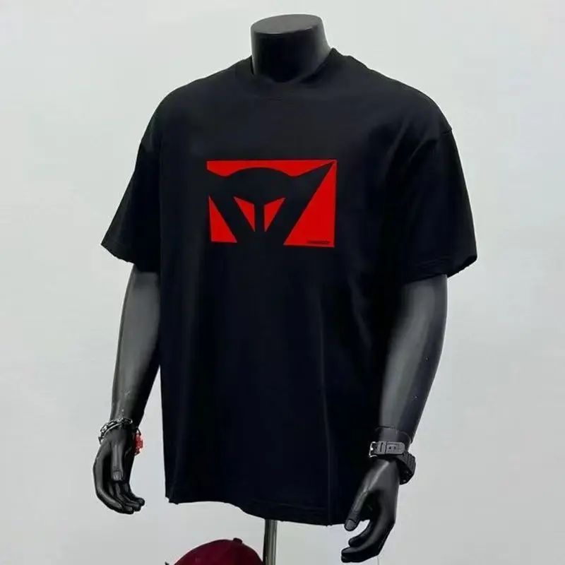 Men's Black Oversized T-Shirt Red Triangle Logo Print Casual Streetwear Short Sleeve Cotton Tee Top Unisex