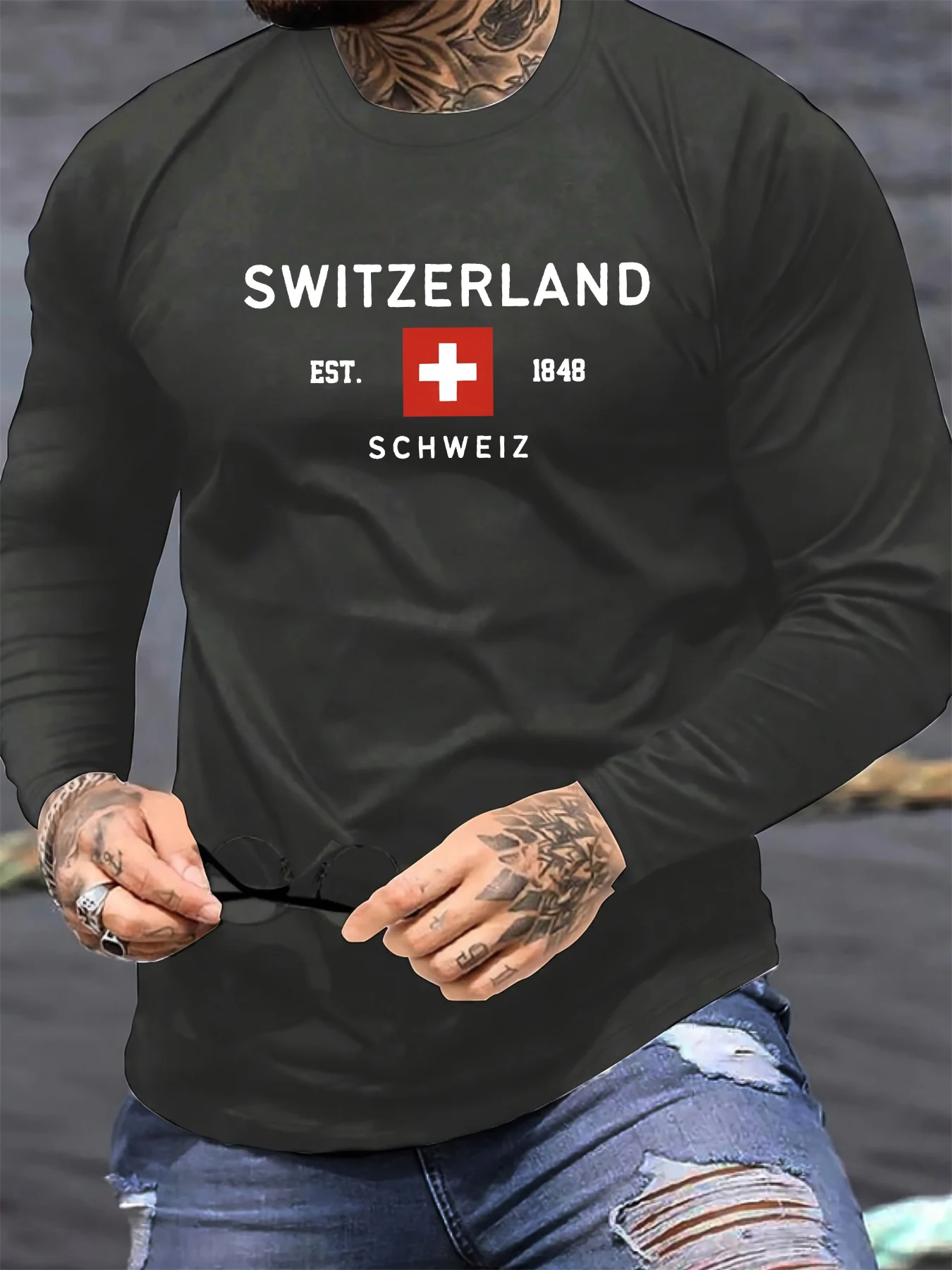 100% Pure Cotton Men's Long Sleeved Round Neck Loose Switzerland Pattern Printed Spring and Autumn Casual Versatile T-Shirt Top