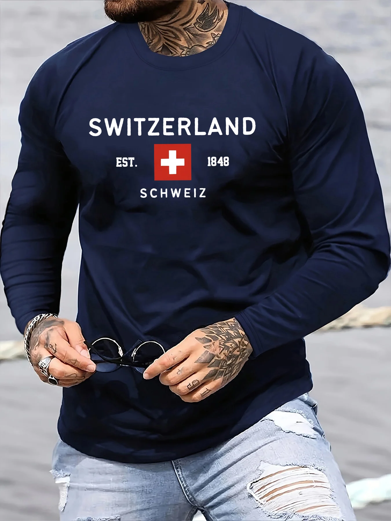 100% Pure Cotton Men's Long Sleeved Round Neck Loose Switzerland Pattern Printed Spring and Autumn Casual Versatile T-Shirt Top