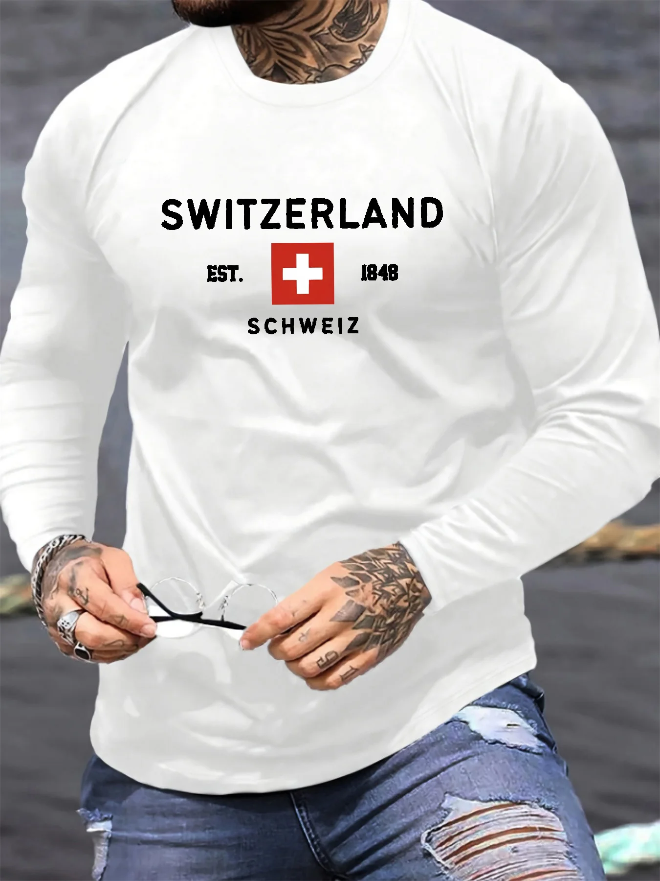 100% Pure Cotton Men's Long Sleeved Round Neck Loose Switzerland Pattern Printed Spring and Autumn Casual Versatile T-Shirt Top
