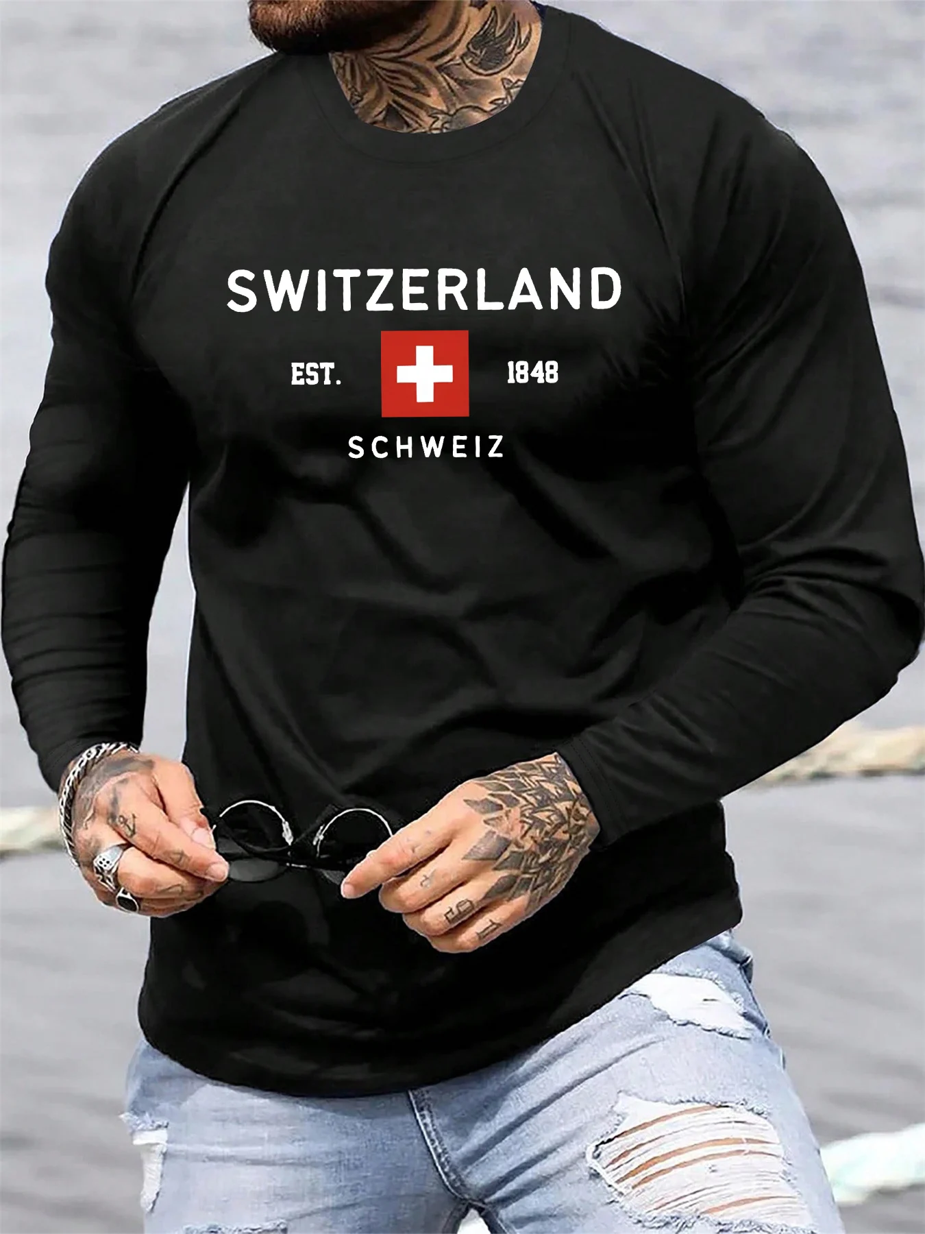 100% Pure Cotton Men's Long Sleeved Round Neck Loose Switzerland Pattern Printed Spring and Autumn Casual Versatile T-Shirt Top