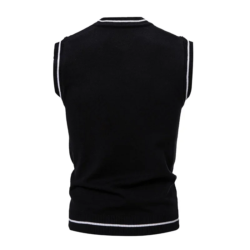 New Men's Knit V-Neck Sleeveless Vests Slim Fit Knitted Pullovers Sweaters Fashion Patchwork Smart Casual Streetwear