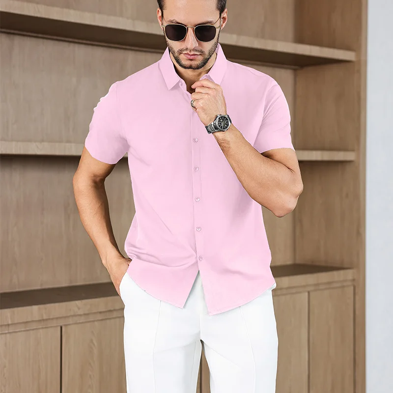 New Men's Business Casual Solid Color Short Sleeved Shirt for Summer Fashion No Ironing Comfortable and Versatile Top