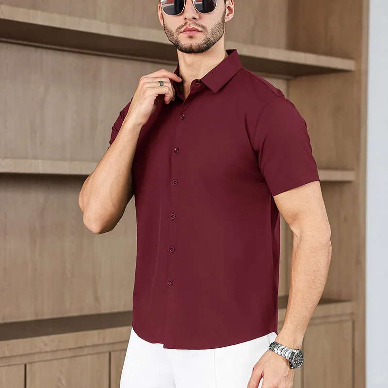 New Men's Business Casual Solid Color Short Sleeved Shirt for Summer Fashion No Ironing Comfortable and Versatile Top