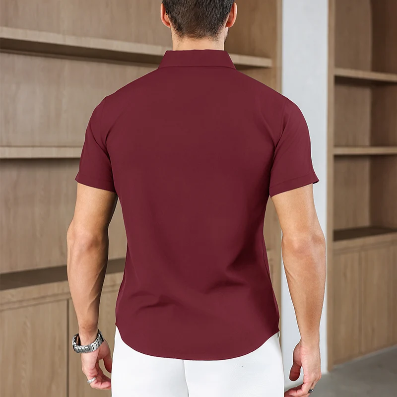 New Men's Business Casual Solid Color Short Sleeved Shirt for Summer Fashion No Ironing Comfortable and Versatile Top