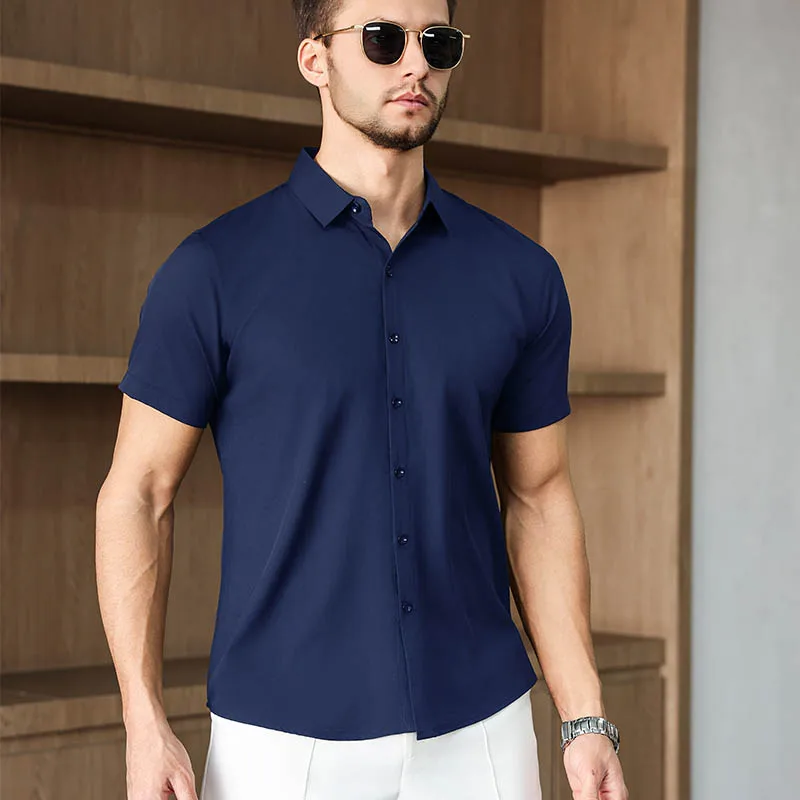 New Men's Business Casual Solid Color Short Sleeved Shirt for Summer Fashion No Ironing Comfortable and Versatile Top