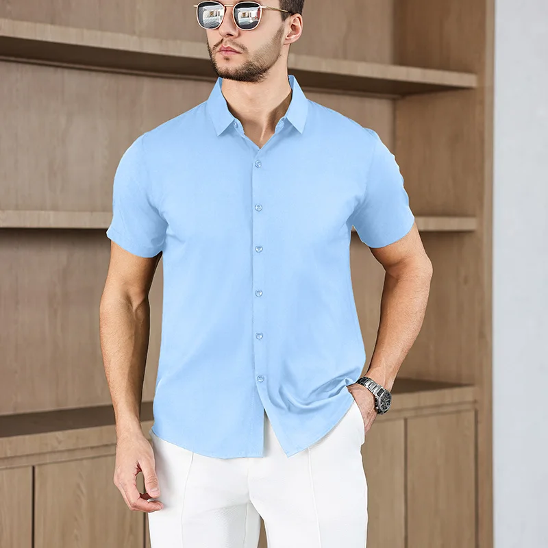 New Men's Business Casual Solid Color Short Sleeved Shirt for Summer Fashion No Ironing Comfortable and Versatile Top