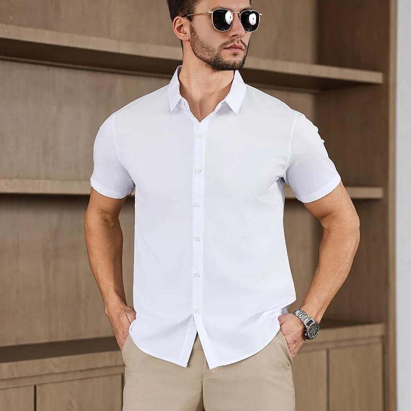 New Men's Business Casual Solid Color Short Sleeved Shirt for Summer Fashion No Ironing Comfortable and Versatile Top