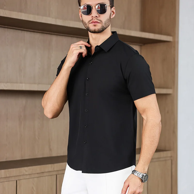 New Men's Business Casual Solid Color Short Sleeved Shirt for Summer Fashion No Ironing Comfortable and Versatile Top