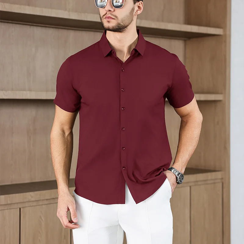 New Men's Business Casual Solid Color Short Sleeved Shirt for Summer Fashion No Ironing Comfortable and Versatile Top