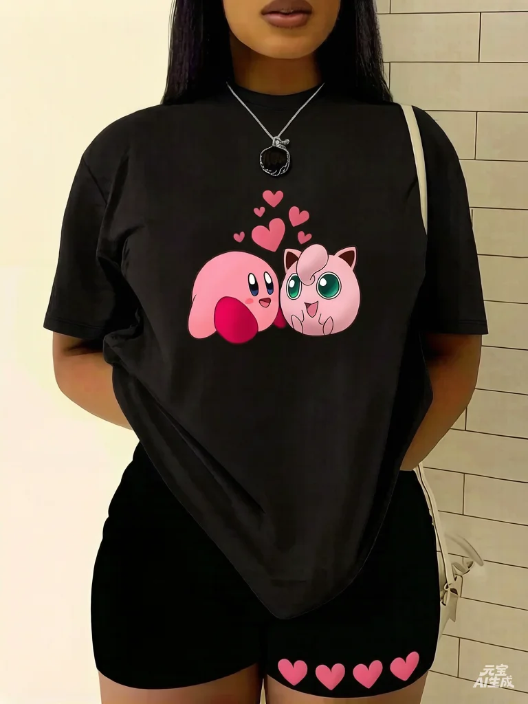 Pokemon Anime Jigglypuff Purple Bow and Knife Printed T-shirt Men's and Women's T-shirt T-shirt 2026 Summer Tee Casual Y2K Tops