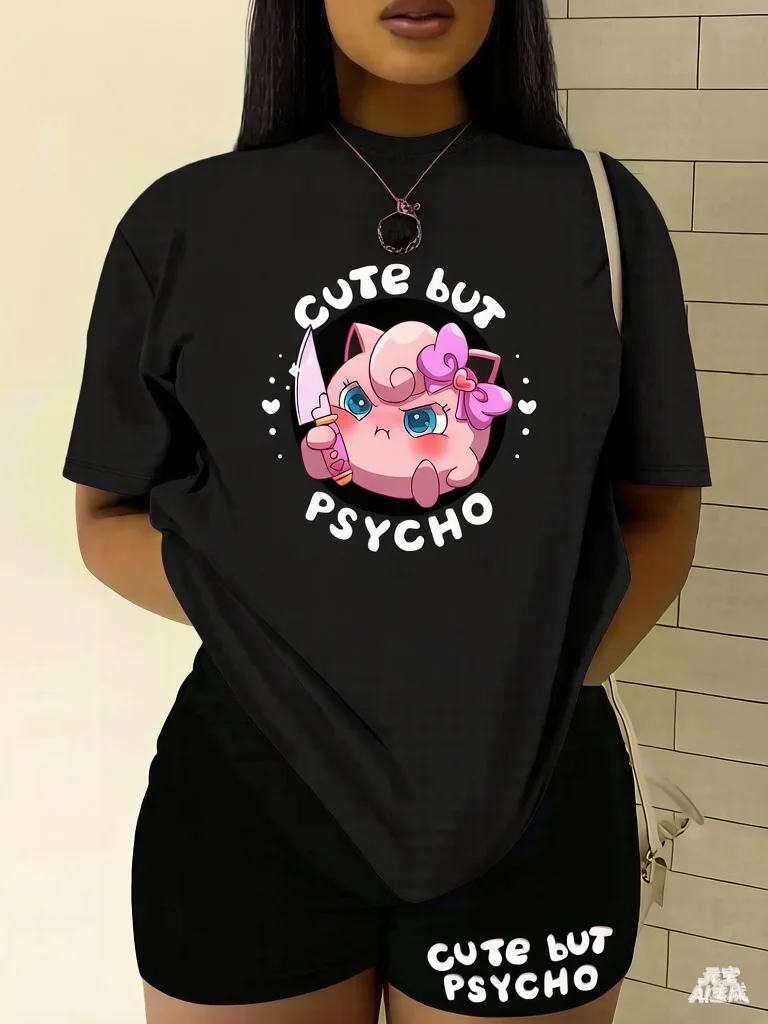 Pokemon Anime Jigglypuff Purple Bow and Knife Printed T-shirt Men's and Women's T-shirt T-shirt 2026 Summer Tee Casual Y2K Tops
