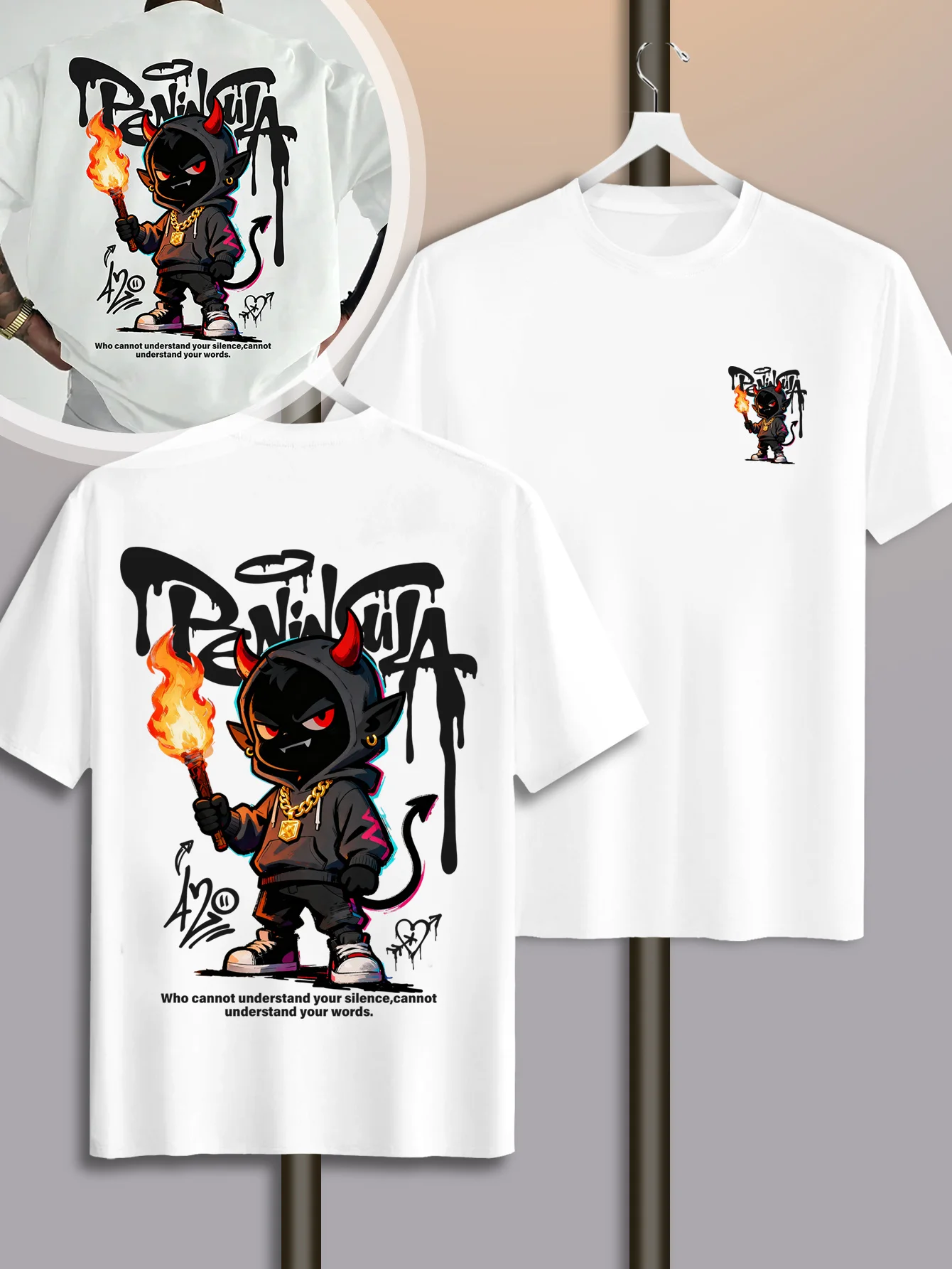 Streetwear Style Cartoon Devil Graffiti Print on Premium 100% Cotton Mens T Shirt Perfect for Summer Urban Style