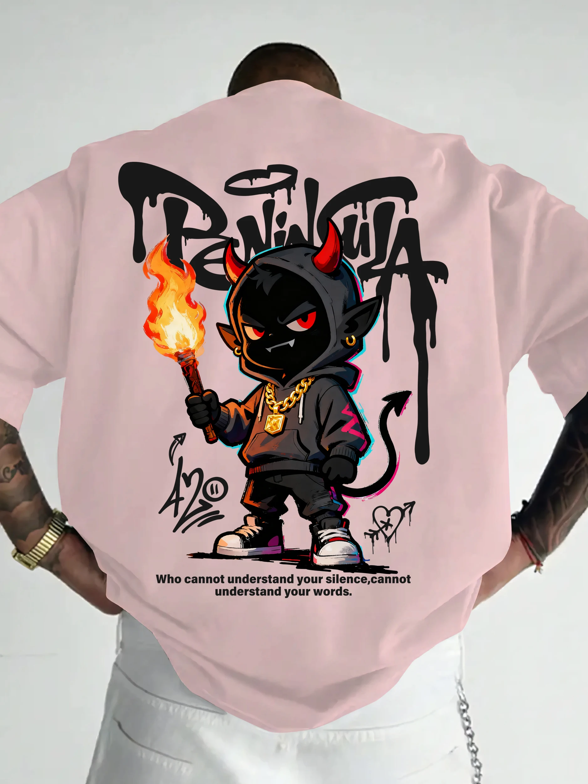 Streetwear Style Cartoon Devil Graffiti Print on Premium 100% Cotton Mens T Shirt Perfect for Summer Urban Style